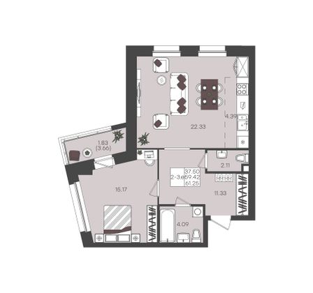 Продажа 2-комнатной квартиры 61,3 м², 19/22 этаж