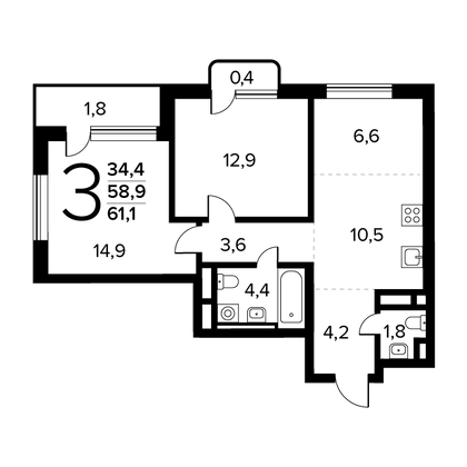 61,1 м², 3-комн. квартира, 3/14 этаж