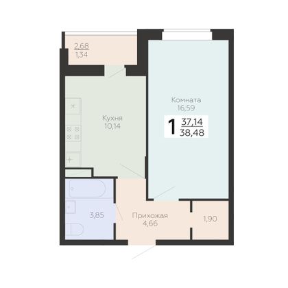 Продажа 1-комнатной квартиры 38,5 м², 4/19 этаж