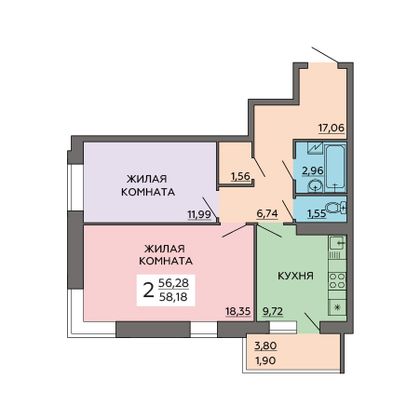 Продажа 2-комнатной квартиры 58,6 м², 2/19 этаж