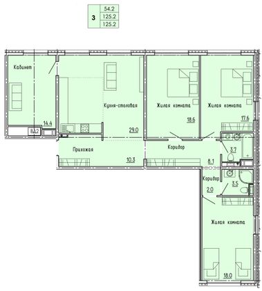 125,2 м², 3-комн. квартира, 17/18 этаж