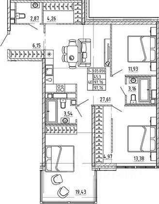 Продажа 3-комнатной квартиры 97,8 м², 5/6 этаж