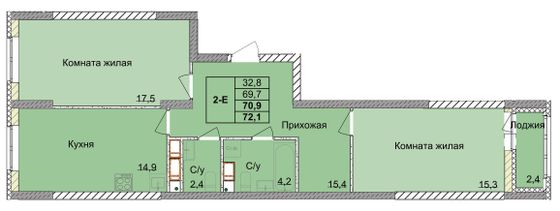 Продажа 2-комнатной квартиры 70,9 м², 9/18 этаж