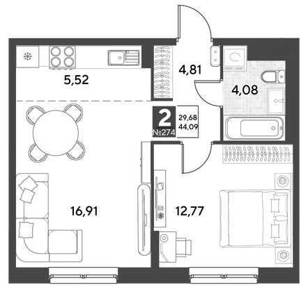 Продажа 2-комнатной квартиры 44,1 м², 12/25 этаж