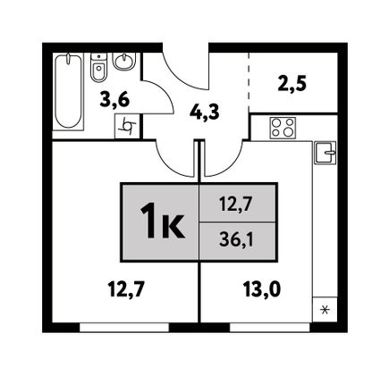 36,1 м², 1-комн. квартира, 8/35 этаж