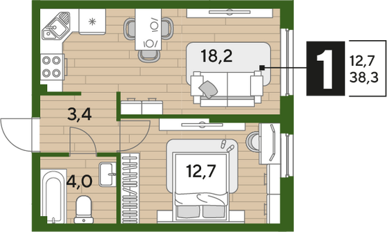 Продажа 1-комнатной квартиры 38,3 м², 2/16 этаж