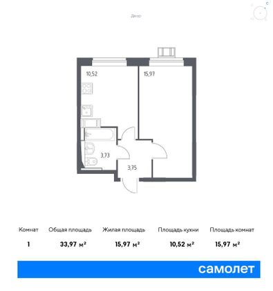 34 м², 1-комн. квартира, 12/17 этаж