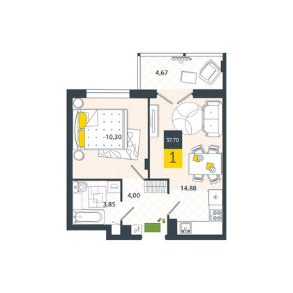 Продажа 1-комнатной квартиры 37,7 м², 4/8 этаж