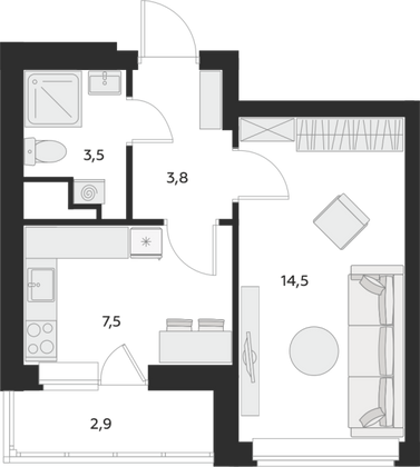 Продажа 1-комнатной квартиры 30,7 м², 2/31 этаж
