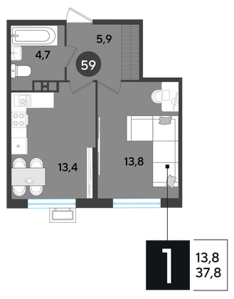 Продажа 1-комнатной квартиры 37,8 м², 7/18 этаж