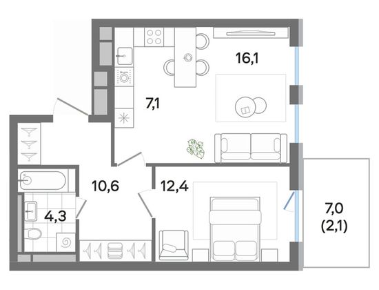 52,6 м², 2-комн. квартира, 1/4 этаж