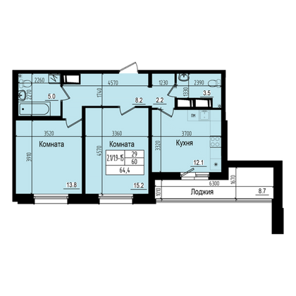 64,4 м², 2-комн. квартира, 14/23 этаж