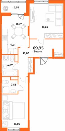 Продажа 3-комнатной квартиры 69,9 м², 1/10 этаж