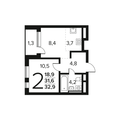 Продажа 2-комнатной квартиры 32,9 м², 6/9 этаж