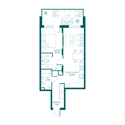 49,6 м², 2-комн. квартира, 1/6 этаж