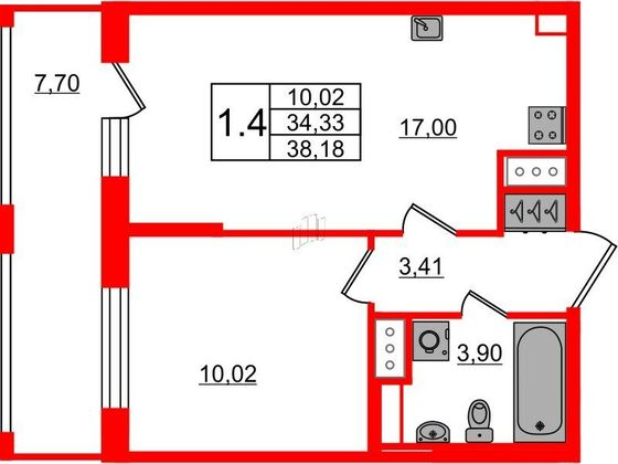 Продажа 1-комнатной квартиры 34,3 м², 8/12 этаж