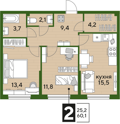 Продажа 2-комнатной квартиры 60,1 м², 2/19 этаж