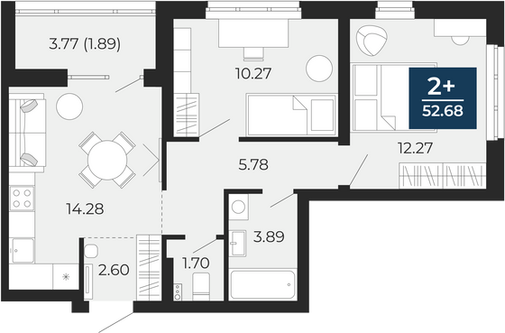 52,7 м², 2-комн. квартира, 2/18 этаж