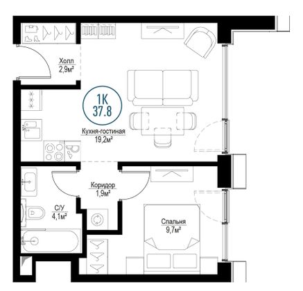 Продажа 1-комнатной квартиры 37,8 м², 24/30 этаж