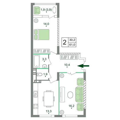 61 м², 2-комн. квартира, 18/19 этаж