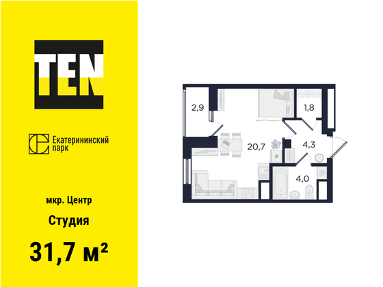 31,7 м², студия, 24/29 этаж