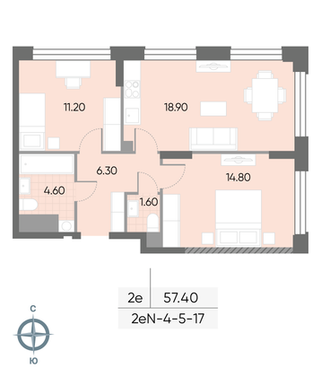 Продажа 2-комнатной квартиры 57,4 м², 10/30 этаж