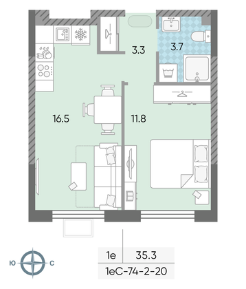 35,3 м², 1-комн. квартира, 11/24 этаж