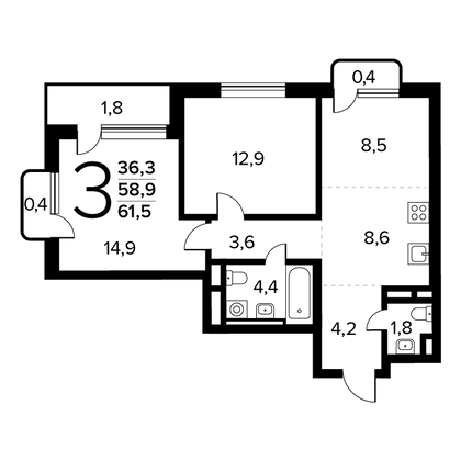 61,5 м², 3-комн. квартира, 12/14 этаж