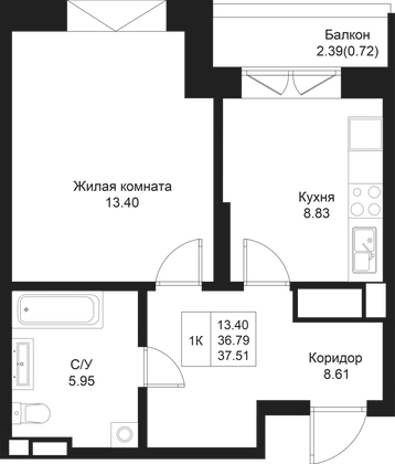 37,5 м², 1-комн. квартира, 5/5 этаж