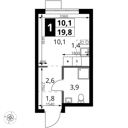 19,8 м², студия, 13/18 этаж