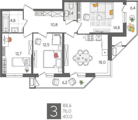 Продажа 3-комнатной квартиры 88,6 м², 2/24 этаж