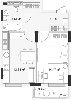 42,9 м², 1-комн. квартира, 1/7 этаж