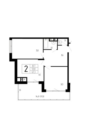 67,3 м², 2-комн. квартира, 4/4 этаж