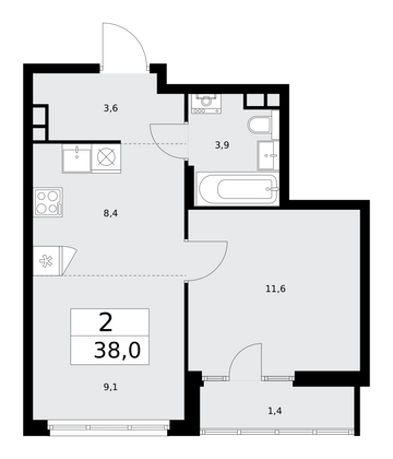 38 м², 2-комн. квартира, 13/15 этаж