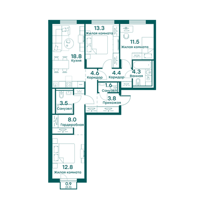 86,9 м², 3-комн. квартира, 2 этаж