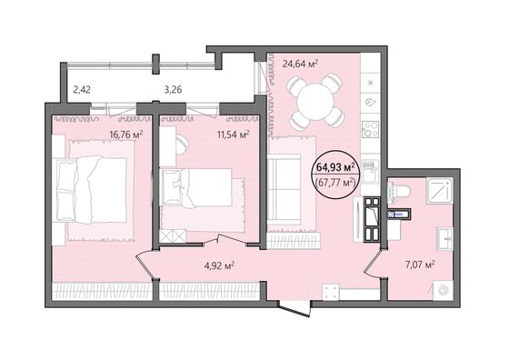 Продажа 2-комнатной квартиры 70,6 м², 6/14 этаж