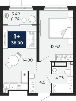 38 м², 1-комн. квартира, 17/22 этаж