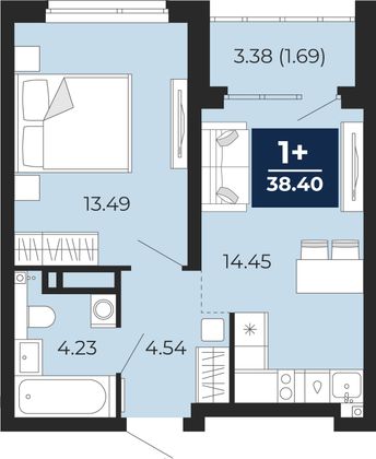 38,4 м², 1-комн. квартира, 21/22 этаж