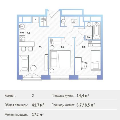 Продажа 2-комнатной квартиры 41,3 м², 12/30 этаж