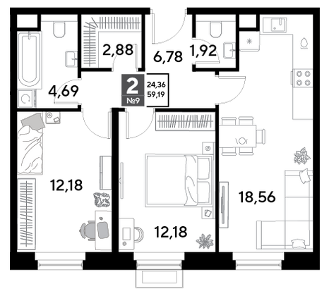 Продажа 2-комнатной квартиры 59,2 м², 2/25 этаж