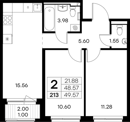 49,6 м², 2-комн. квартира, 7/9 этаж