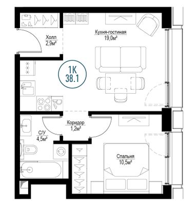 Продажа 1-комнатной квартиры 38,1 м², 30/30 этаж
