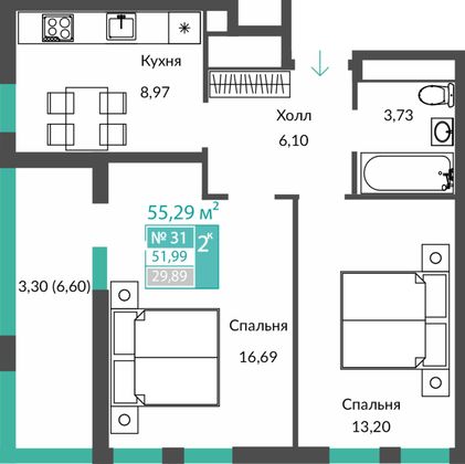 52 м², 2-комн. квартира, 5/12 этаж