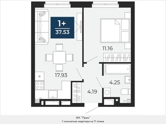 37,5 м², 1-комн. квартира, 11/24 этаж