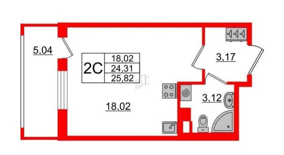 Продажа квартиры-студии 25,8 м², 3/4 этаж