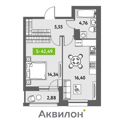 42,5 м², 1-комн. квартира, 12/12 этаж