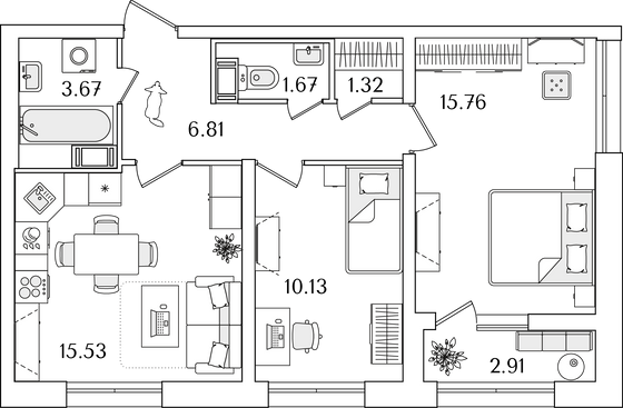 56,3 м², 2-комн. квартира, 8/22 этаж