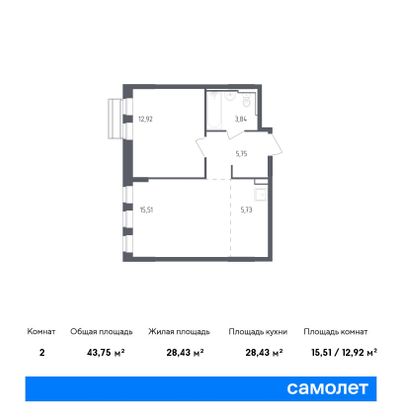 43,8 м², 1-комн. квартира, 9/9 этаж