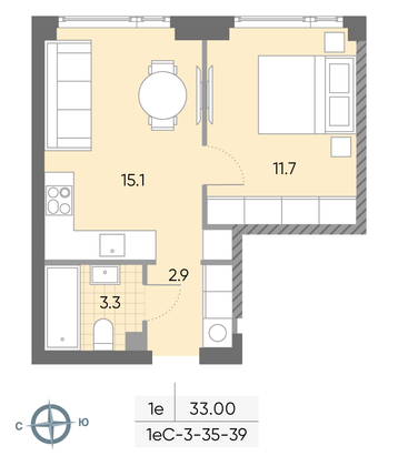 Продажа 1-комнатной квартиры 33 м², 36/52 этаж
