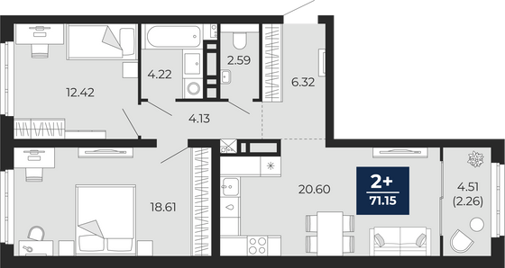 71,2 м², 2-комн. квартира, 19/22 этаж